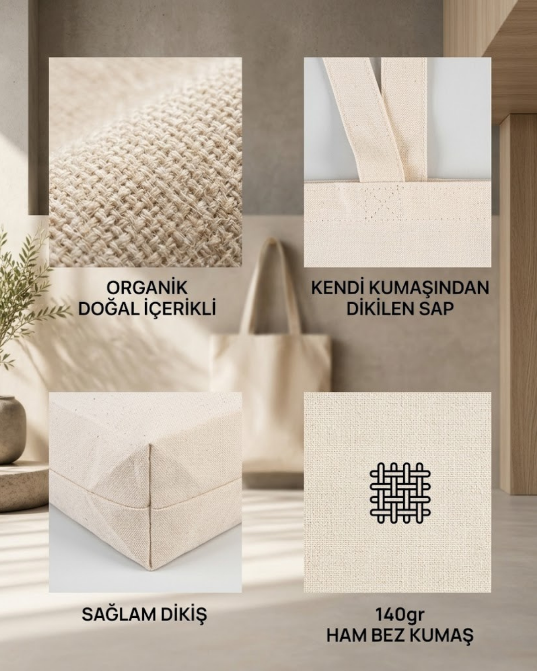 Körüklü ham bez çanta ölçü ve malzeme bilgisi